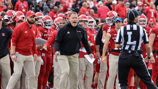 Oct 9, 2021; Piscataway, New Jersey, USA; Rutgers Scarlet Knights head coach Greg Schiano reacts during the first half against the Michigan State Spartans at SHI Stadium. Mandatory Credit: Vincent Carchietta-USA TODAY Sports